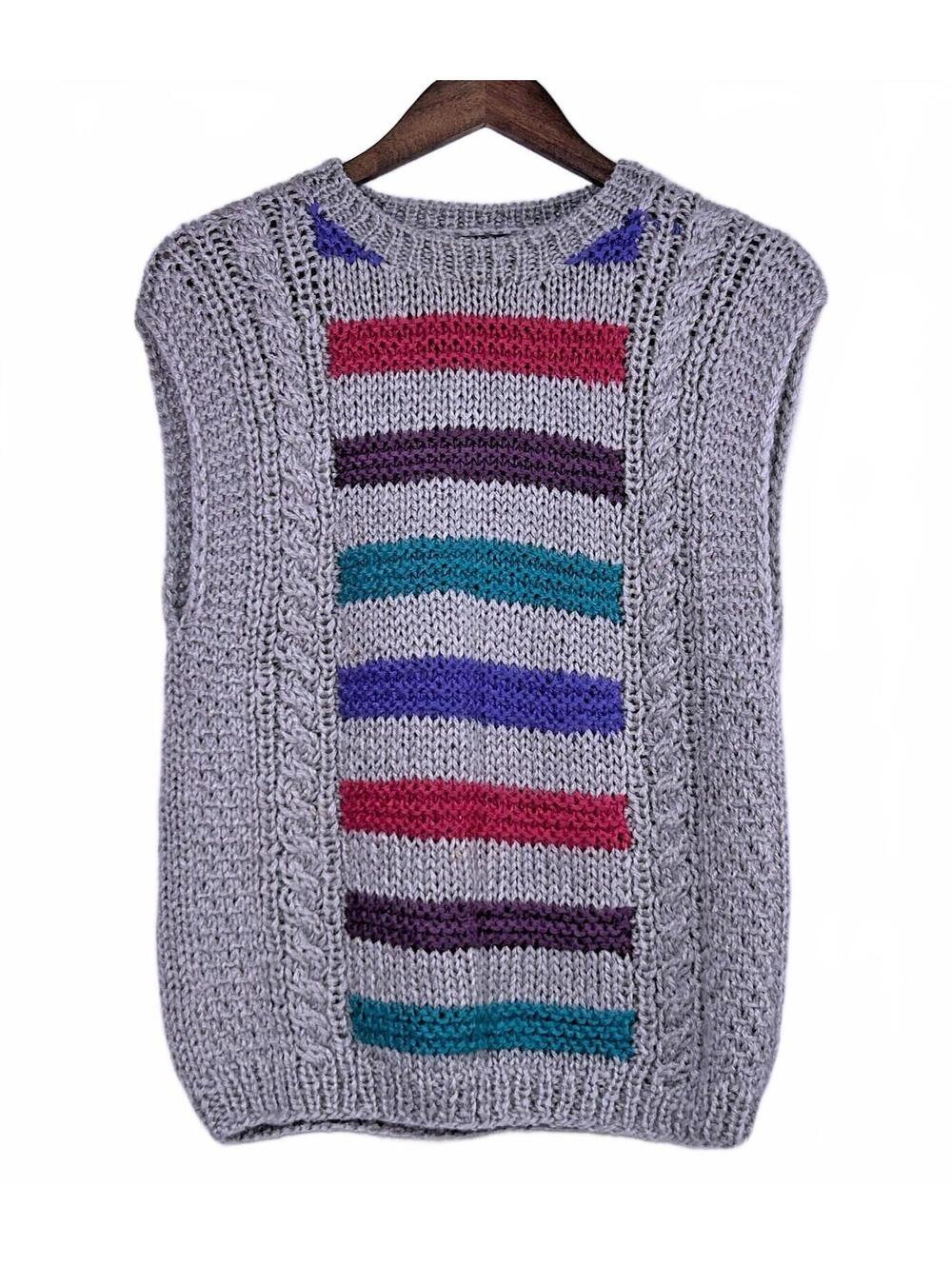 Vintage Palmettos Womans Hand Knitted Sweater Vest Gray Cable Knit Striped Large